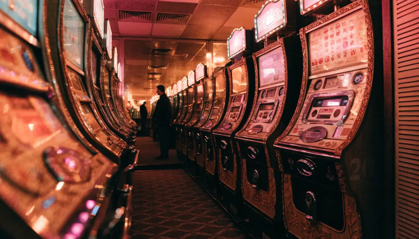 Vintage British amusement arcade interior with rows of classic slot machine cabinets