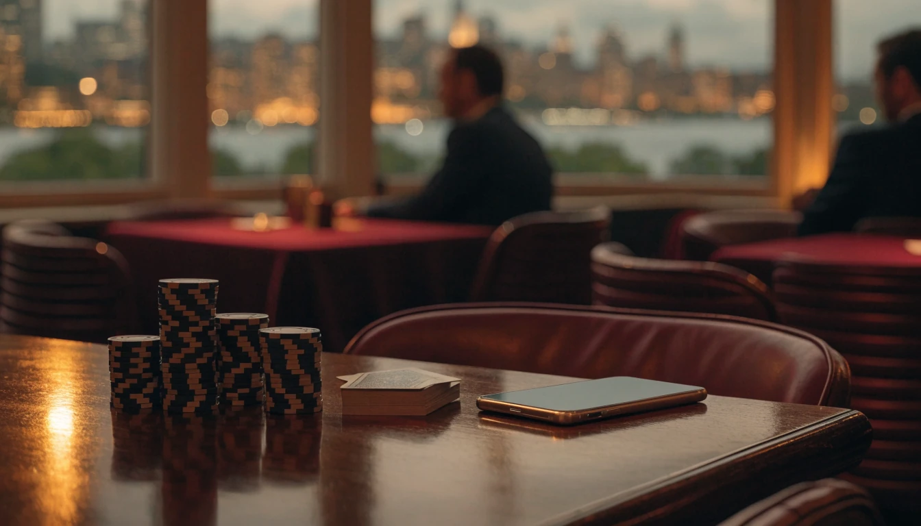 Stylish British lounge with casino chips and cards on a wooden table, London skyline at dusk through the window.