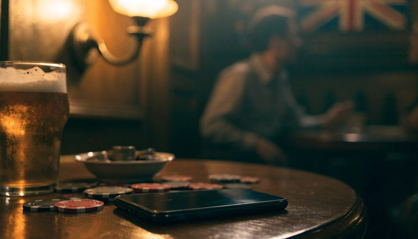 British pub table with face-down phone, coins, and casino chips at evening