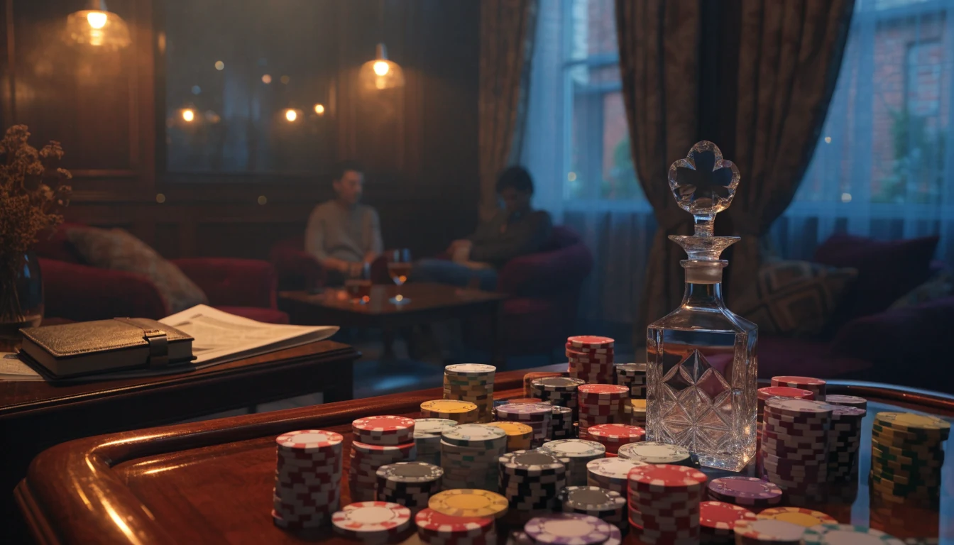 Stylized British casino lounge with chips and glassware