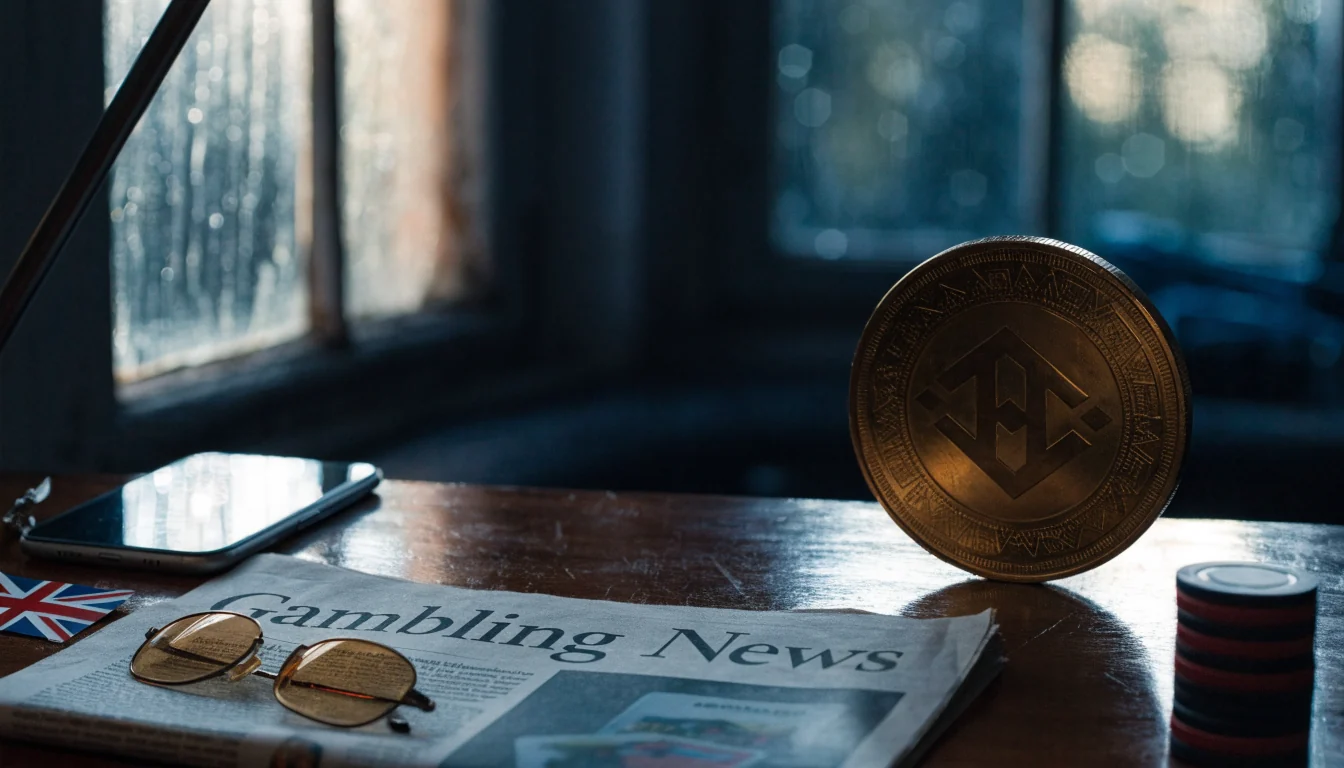 BNB coin, smartphone, British newspaper and casino chips on a desk