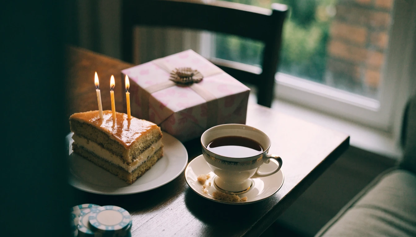 Birthday cake slice with candles next to poker chips and tea on a wooden table.