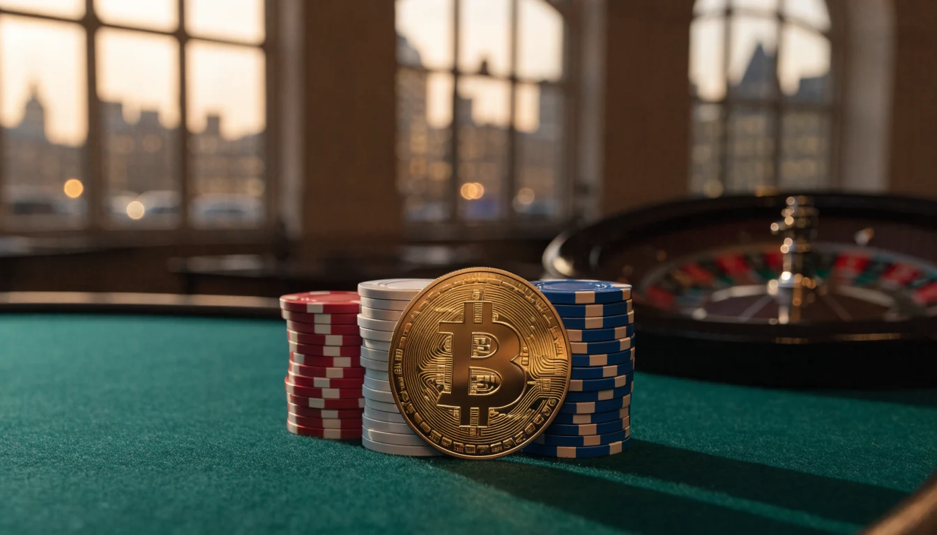 Golden Bitcoin Cash coin on green casino felt with chip stacks and London skyline in the background