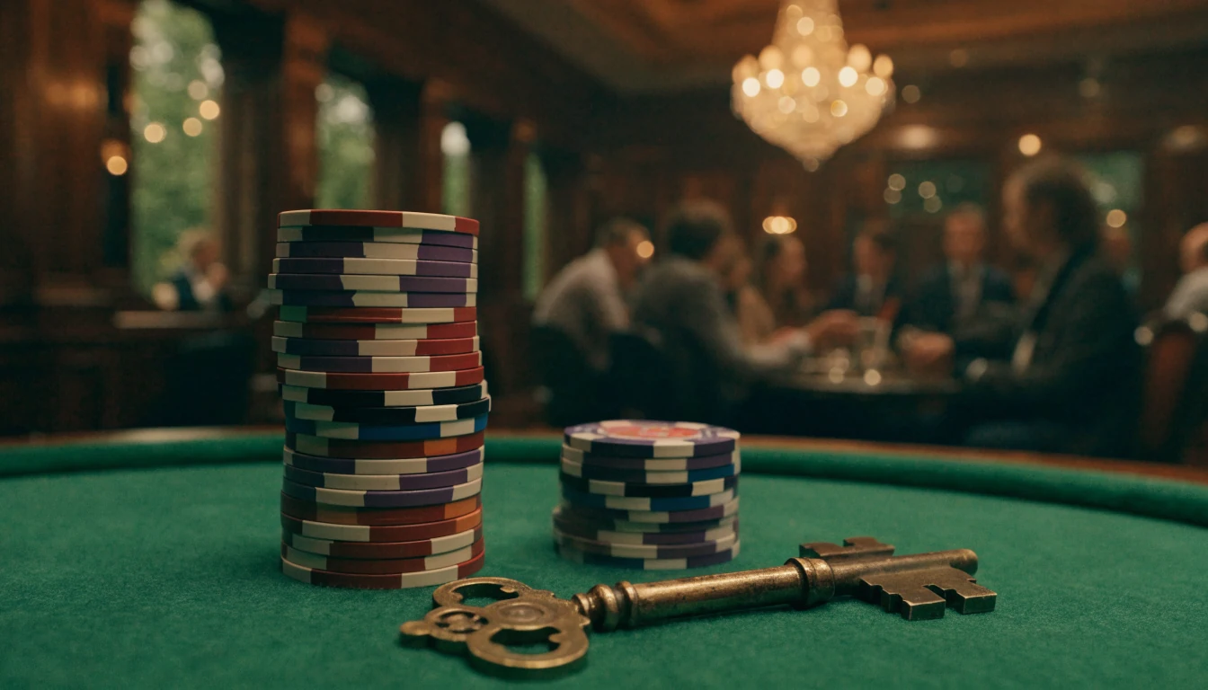 Stacks of casino chips beside a vintage brass key on green felt in a British casino lounge