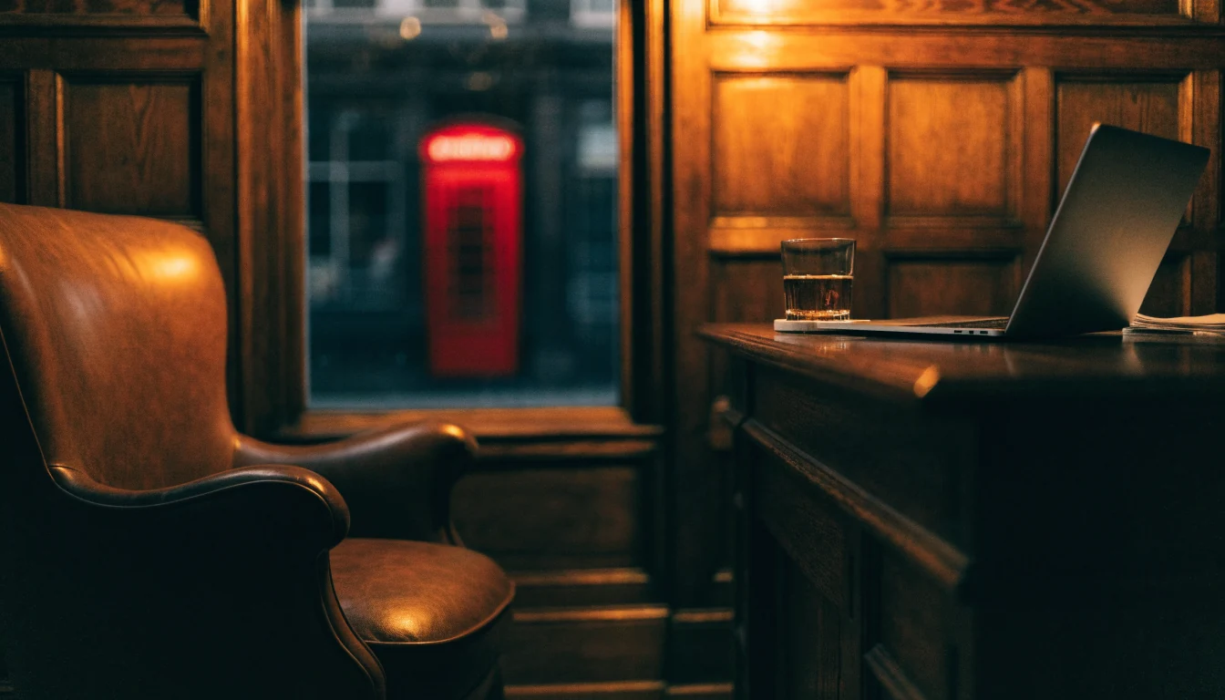 Dim British lounge with whisky, leather chair, and turned-away laptop