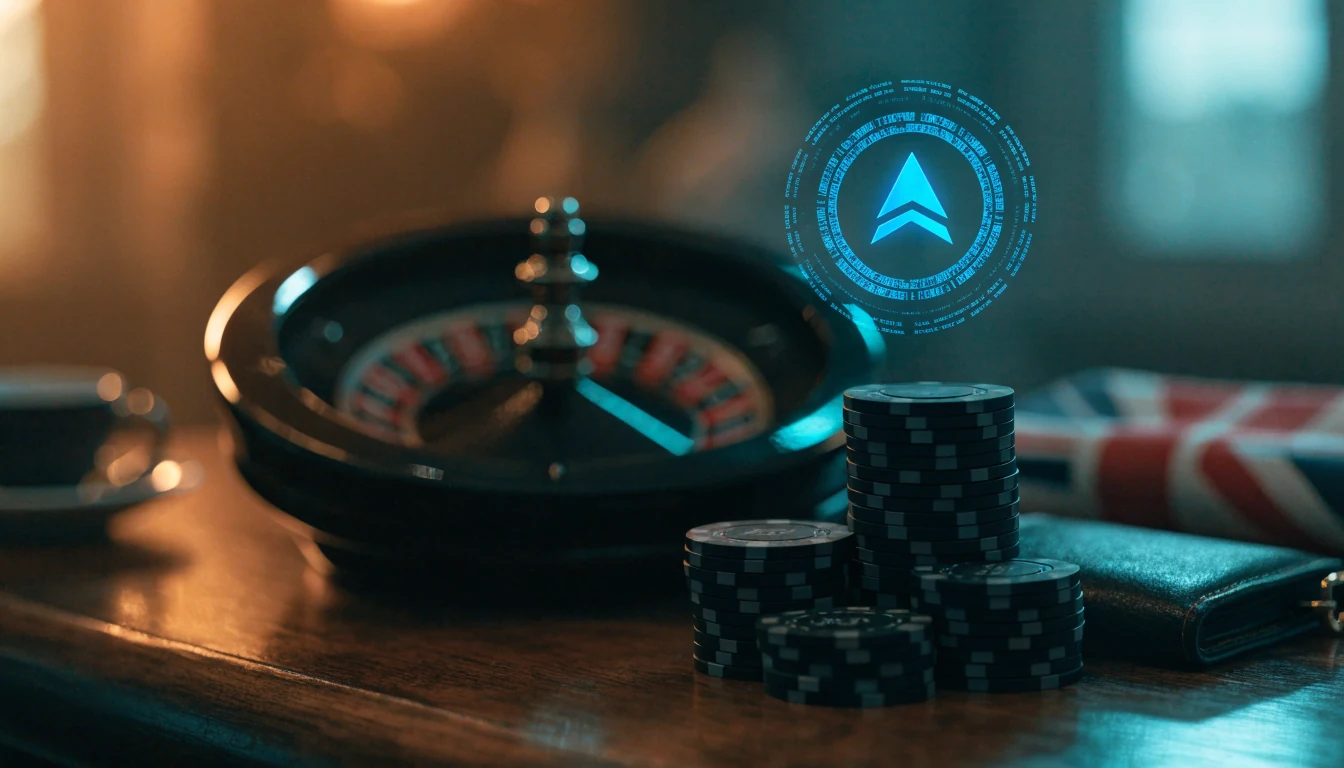 Casino chips, roulette wheel, and a holographic Cardano ADA coin on a dark wood table with British accents.