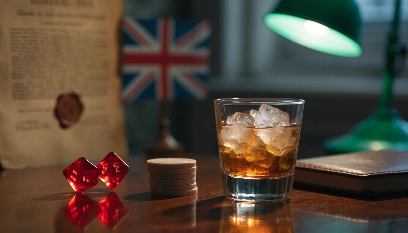 Red dice and chips on a wooden table with British legal document in background