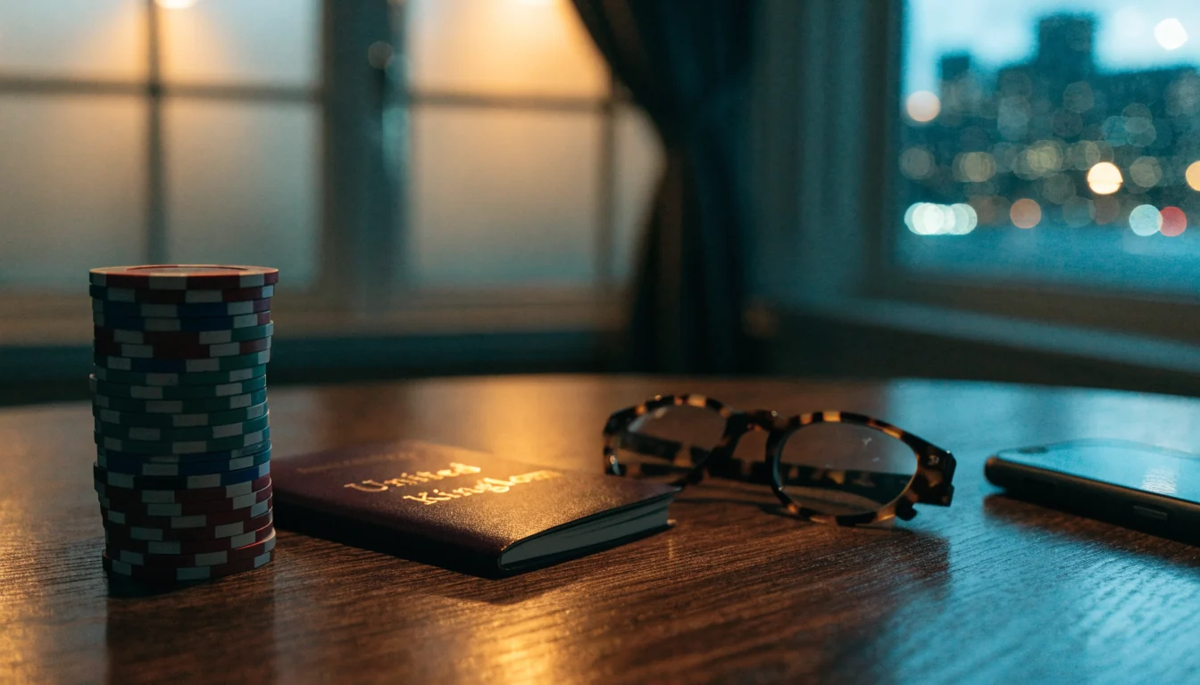 UK passport, casino chips, and face-down smartphone on a lounge table