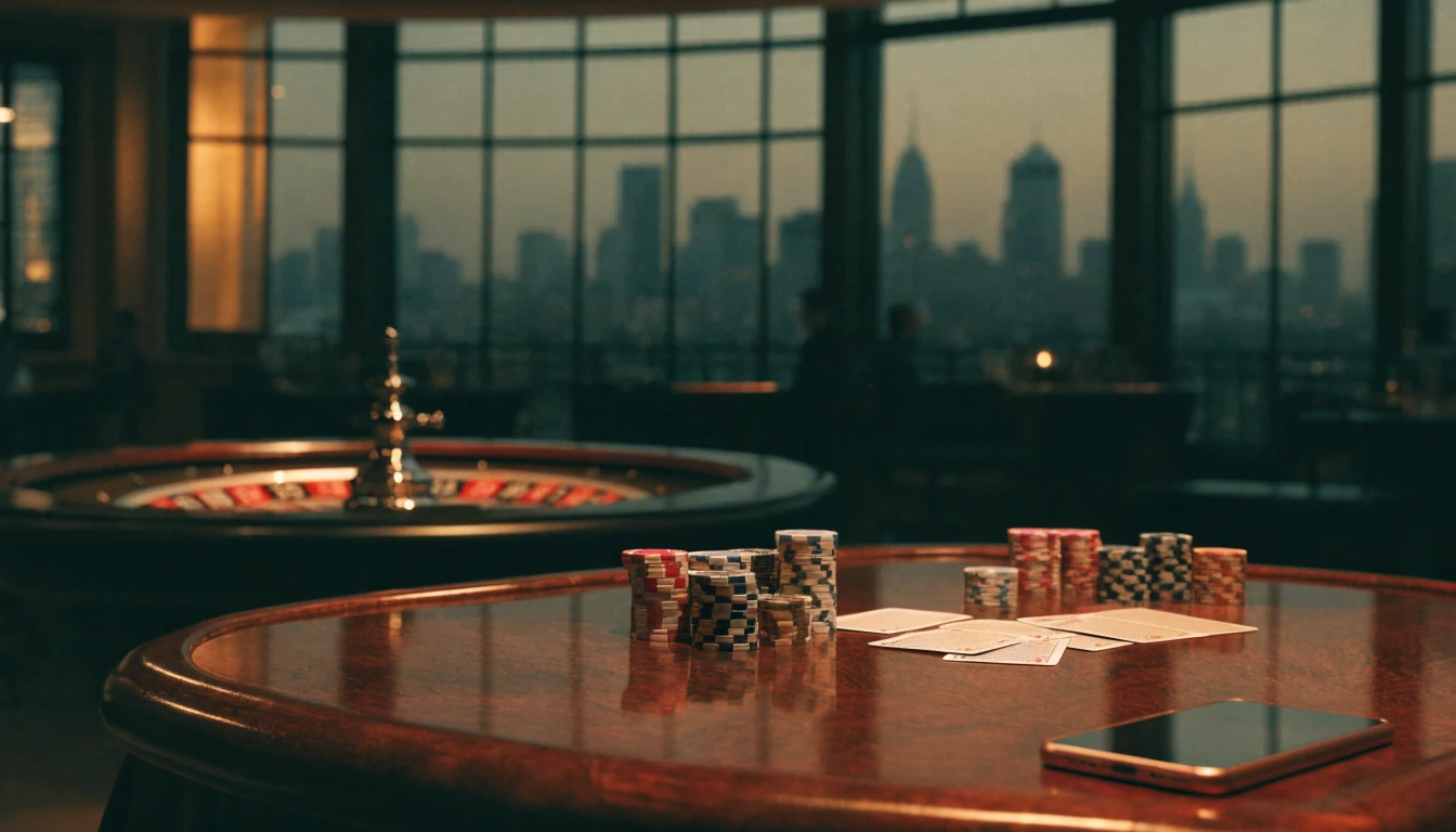 Luxurious UK casino lounge with chips, cards, roulette wheel, and face-down smartphone on a mahogany table.
