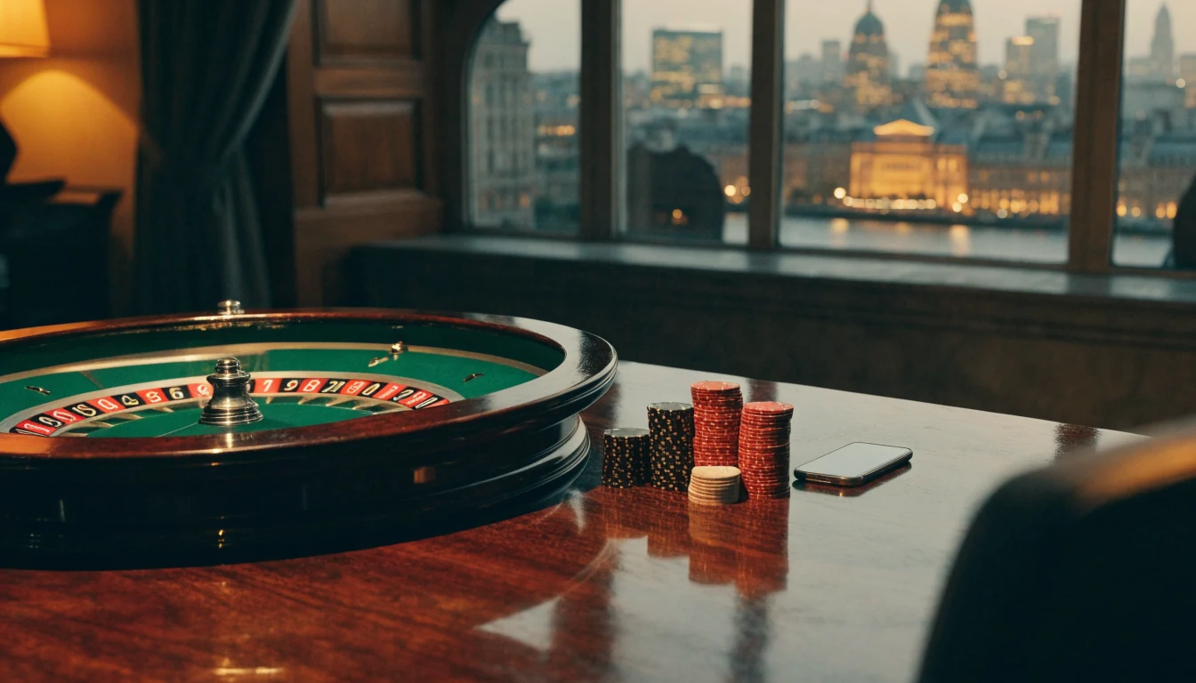 Roulette wheel and stacked casino chips on a dark wooden table, London skyline at dusk