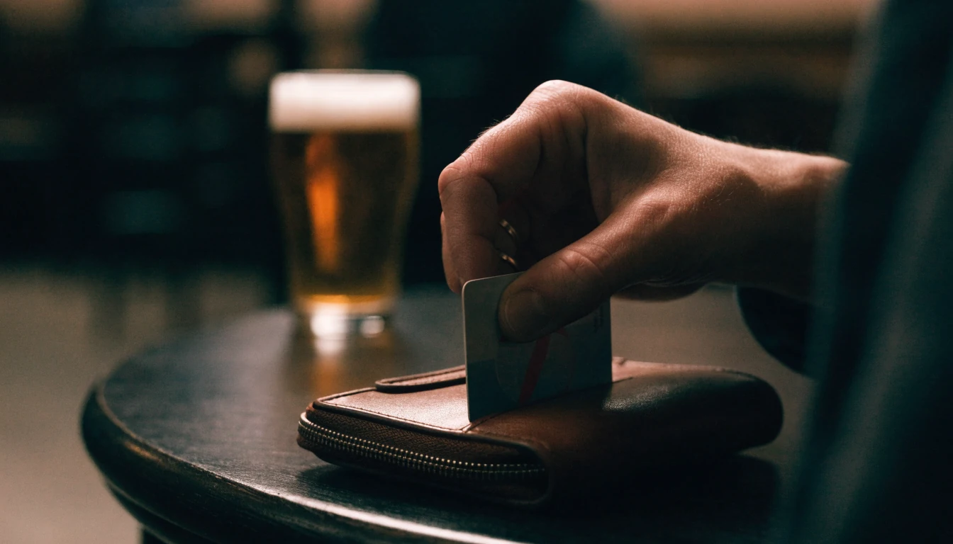 Hand returning credit card to wallet in British pub setting