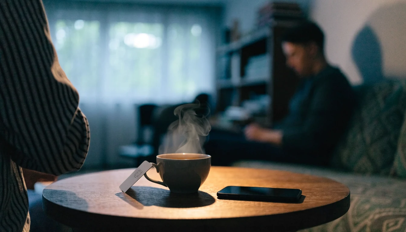 Debit card and smartphone on a coffee table in a British home