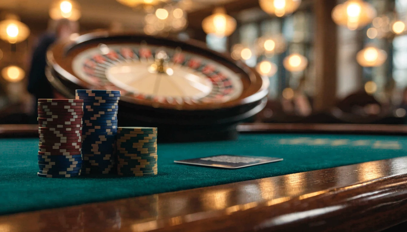 Stacked casino chips and a contactless card on a polished UK casino table with warm ambient lighting