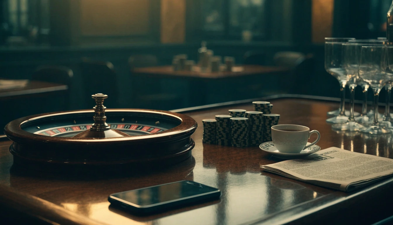 Dim British casino lounge with roulette wheel, chips, and a face-down smartphone.