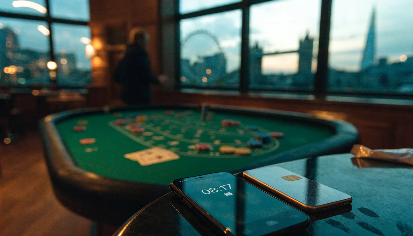 UK casino roulette table with chips, smartphone, payment card, and London skyline at dusk