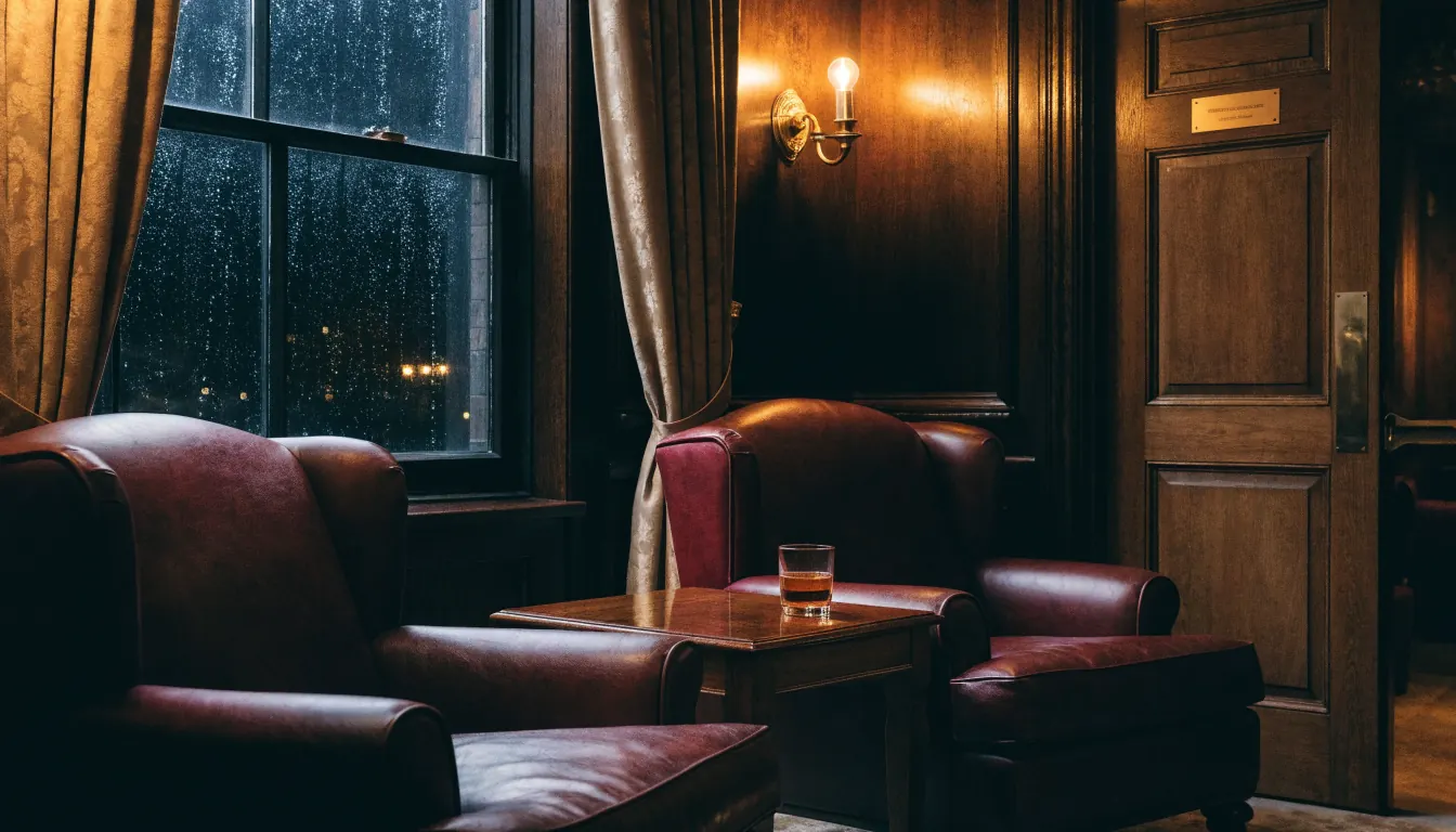 Elegant private members' lounge with leather armchair and whisky in warm amber light