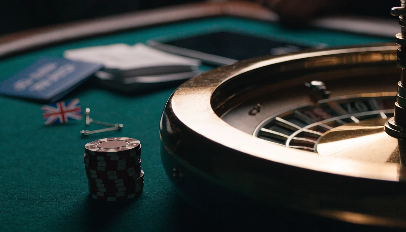 Roulette wheel, casino chips and a face-down tablet on a dimly lit green table.
