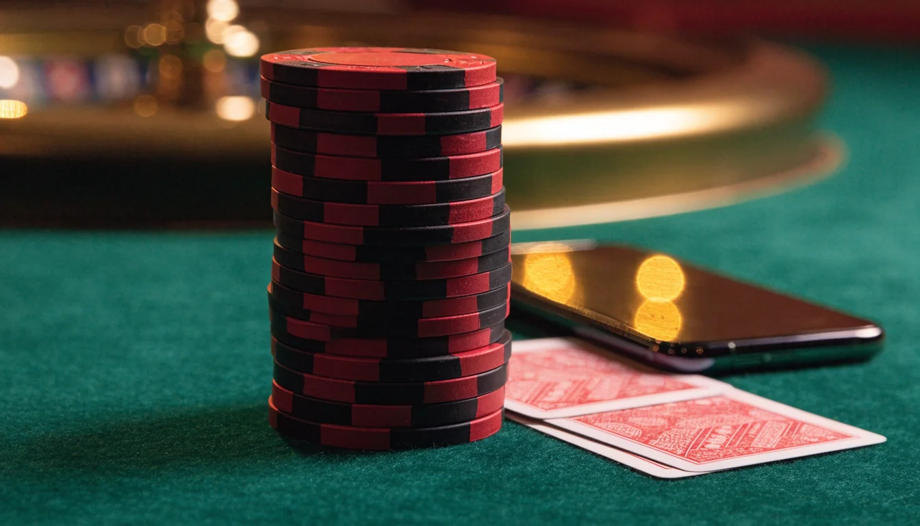 Face-down smartphone beside stacked poker chips and cards on a green felt casino table.