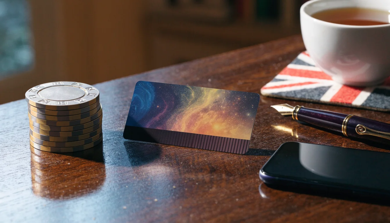 Prepaid payment card with casino chips on a desk, UK tea setting