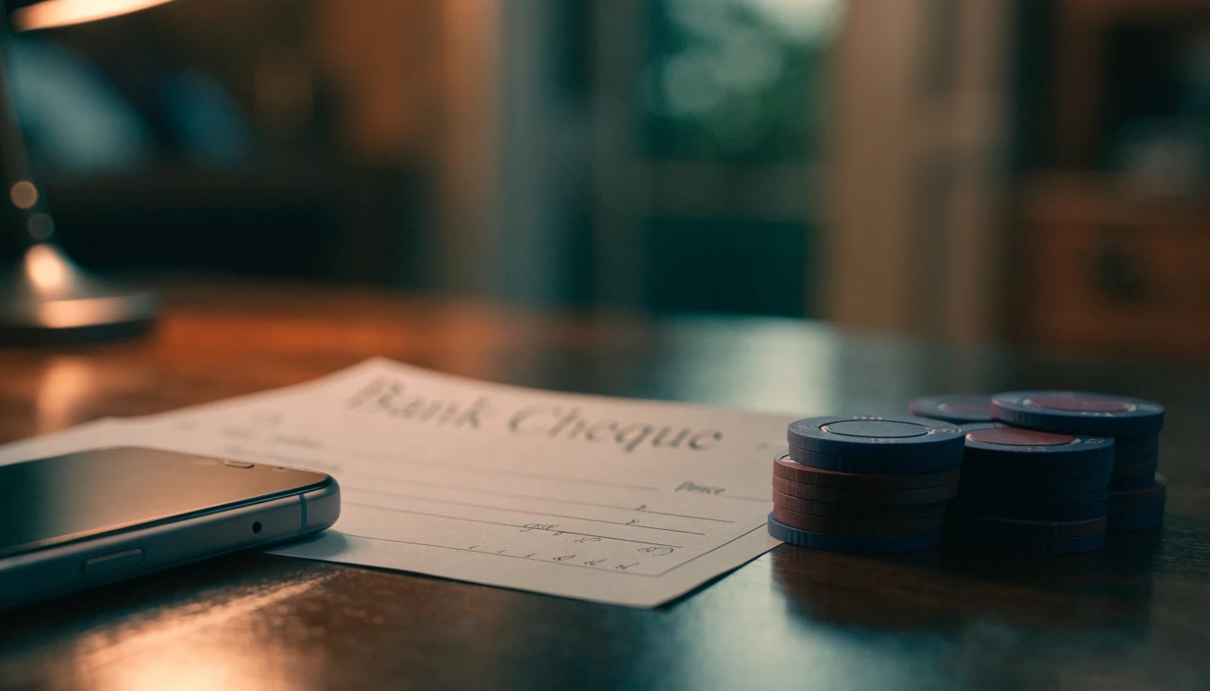 British bank cheque with casino chips and a smartphone on a wooden desk