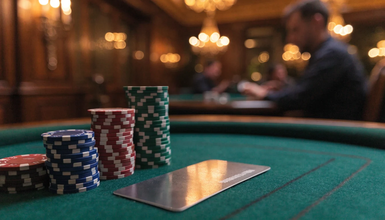 British casino table with stacked chips and a modern debit card