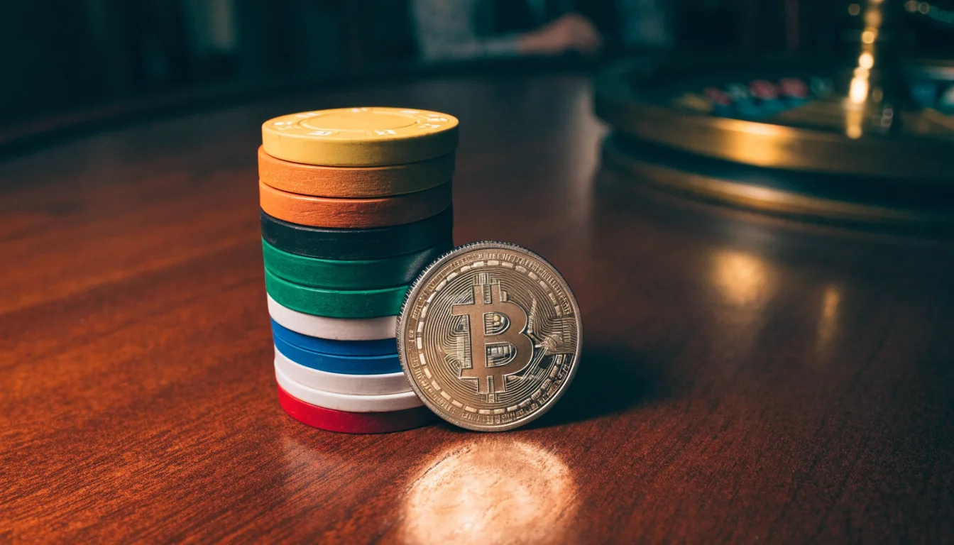 Bitcoin coin on a British casino table with a roulette wheel
