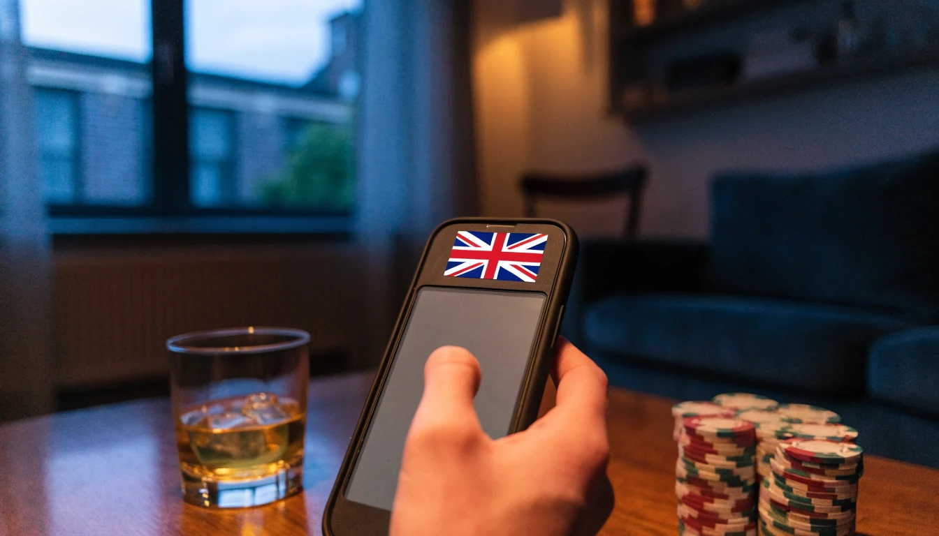 Hand holding a smartphone in a UK living room with casino chips on a table