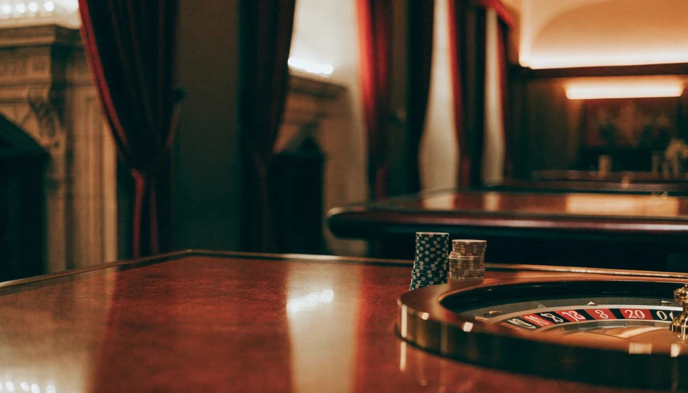 Elegant British casino interior with roulette table and chips at night