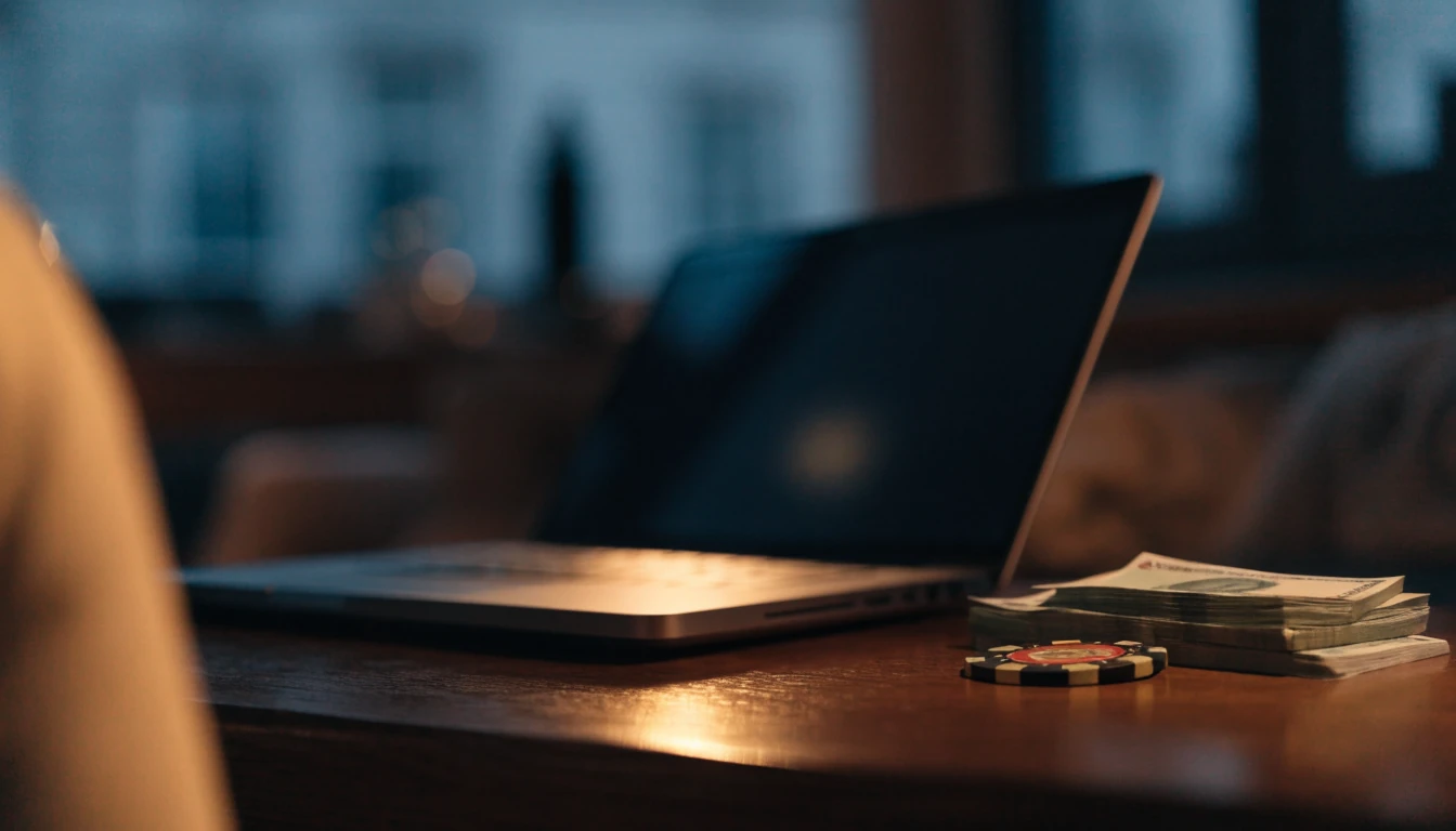 Laptop with turned-away screen beside British pounds and a poker chip on a dark desk.