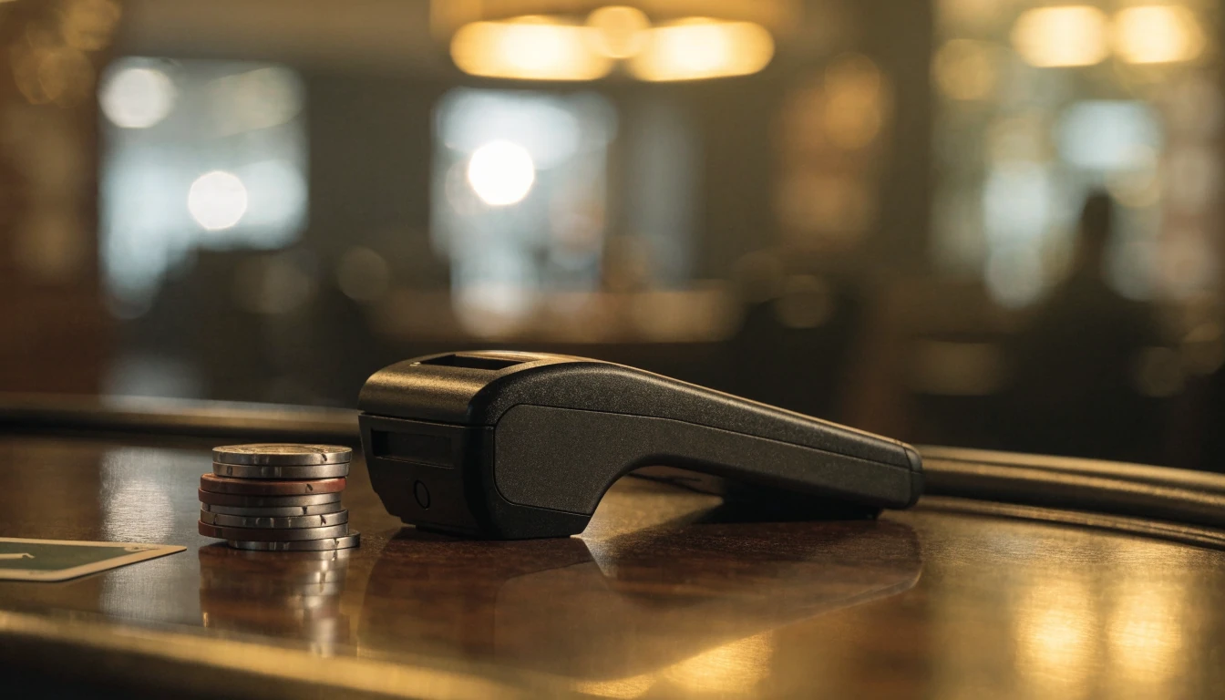Contactless payment terminal on a dark wooden casino table beside chips and a face-down card