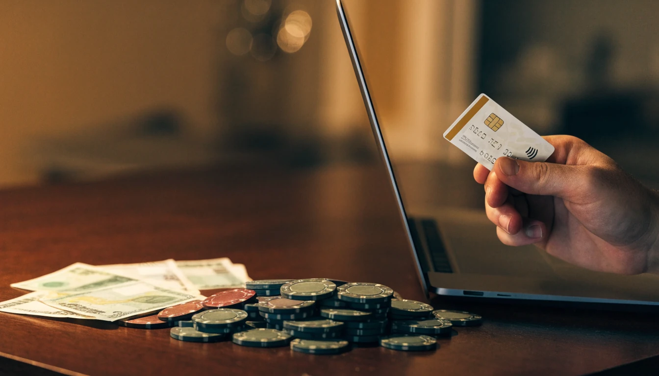 UK payment card near poker chips and pound notes beside a laptop with obscured screen