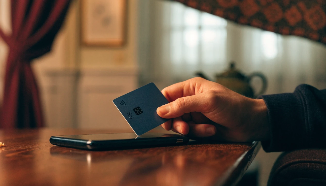 Hand holding a UK debit card next to a smartphone on a wooden table.