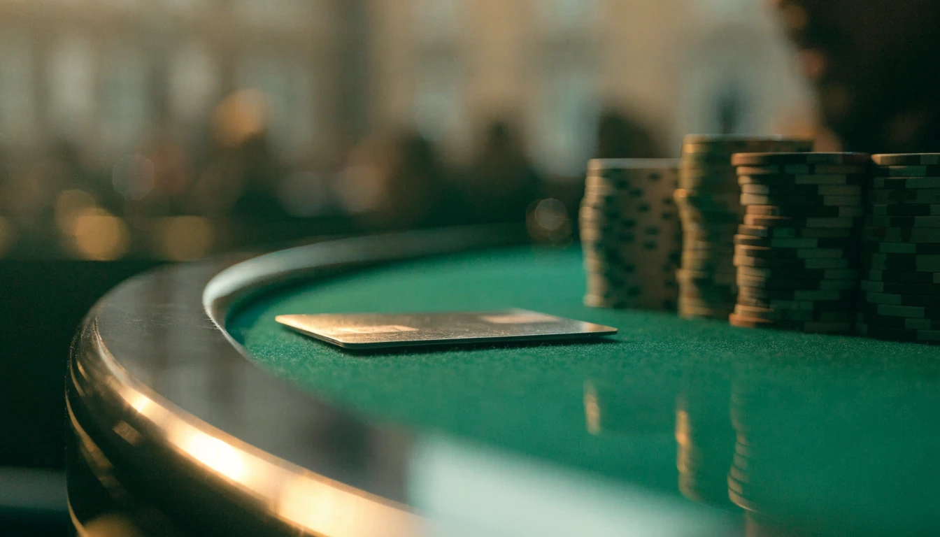 Premium credit card and casino chips on an elegant green-felt gaming table under warm lighting.