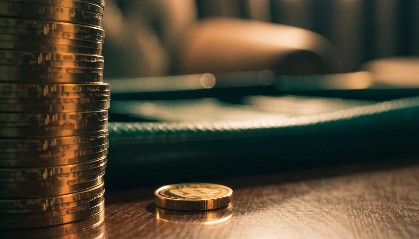 Casino chips and a Dogecoin coin on a dark wooden desk