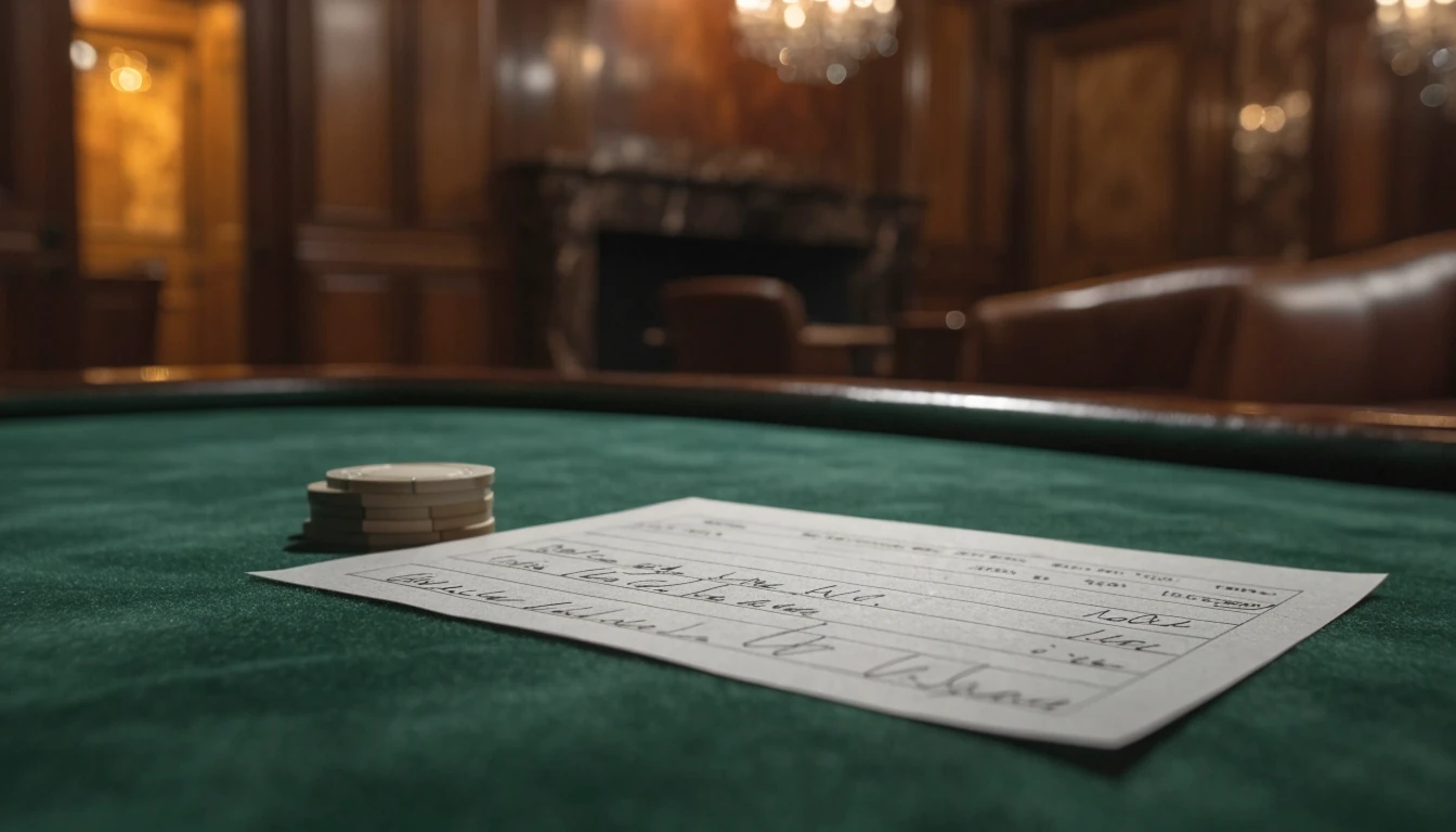 British paper cheque on a green casino table with chips in a dimly lit UK gaming lounge.