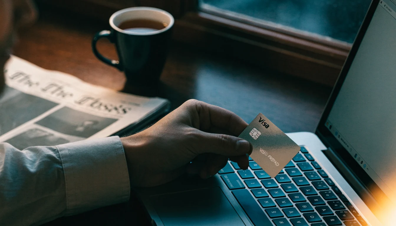 Hand holding a payment card near a laptop on a desk, UK evening setting