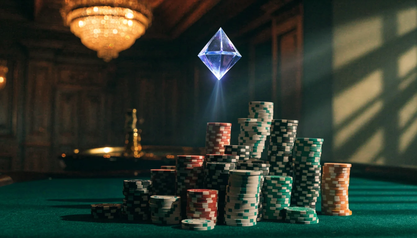 Stylized casino table with glowing crystal diamond symbolizing Ethereum above stacks of chips.