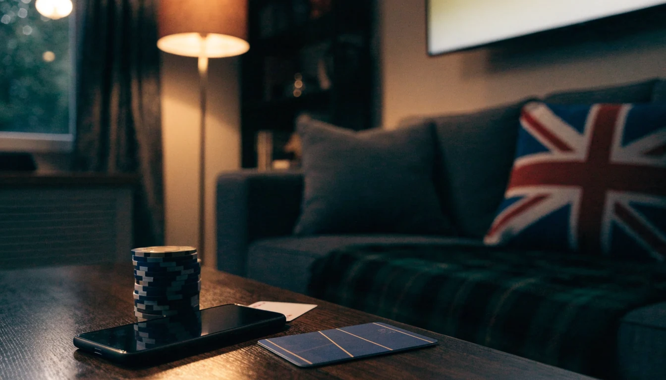 Casino chips, a playing card, and a digital wallet card on a table in a modern British living room.