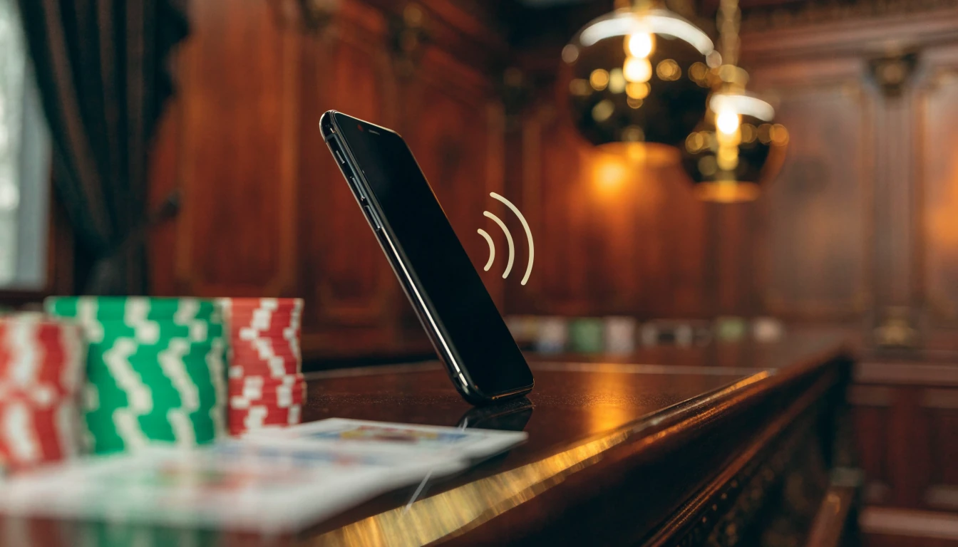 Smartphone on a polished UK casino cashier counter beside stacks of chips