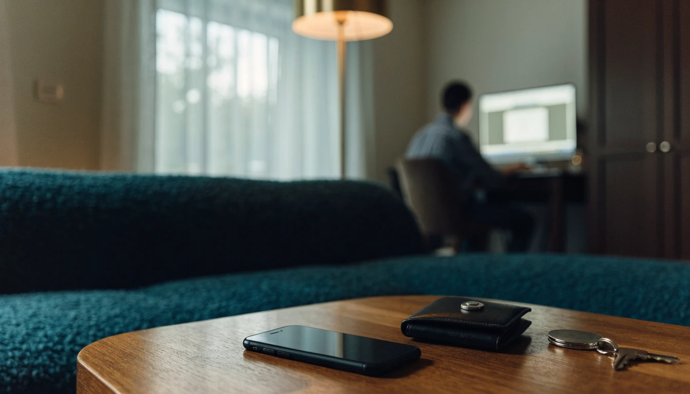 Smartphone face-down on table with wallet, suggesting careful payment method consideration.