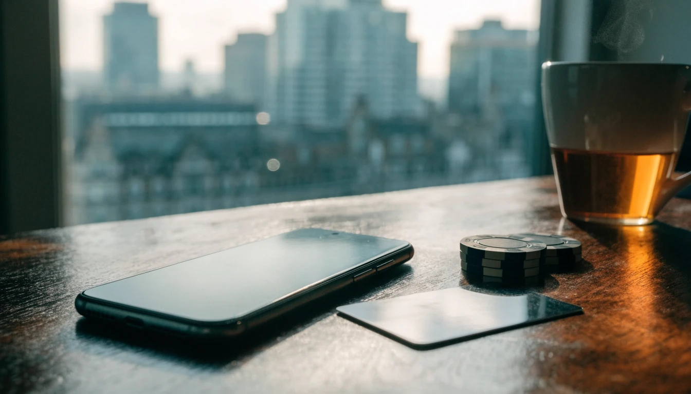 Smartphone face-down on a desk beside a payment card and casino chips, with a blurred London skyline in the background