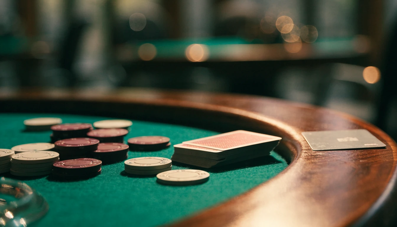 Poker chips, playing cards and a blank bank card on a green felt casino table