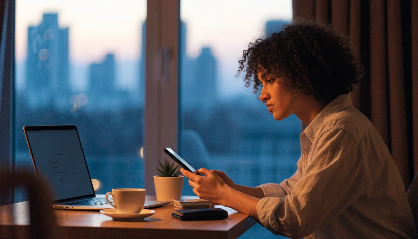 Person at a desk in a UK home using a smartphone for online payment in the evening.