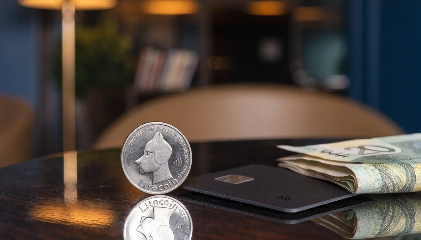 Litecoin coin with a UK payment card and pound note on a dark table.