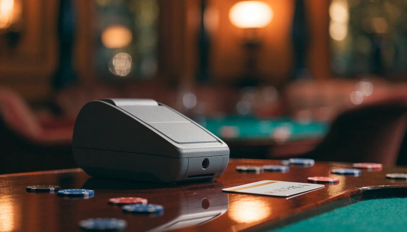 Payment card terminal on a mahogany casino counter with blurred British casino interior in the background