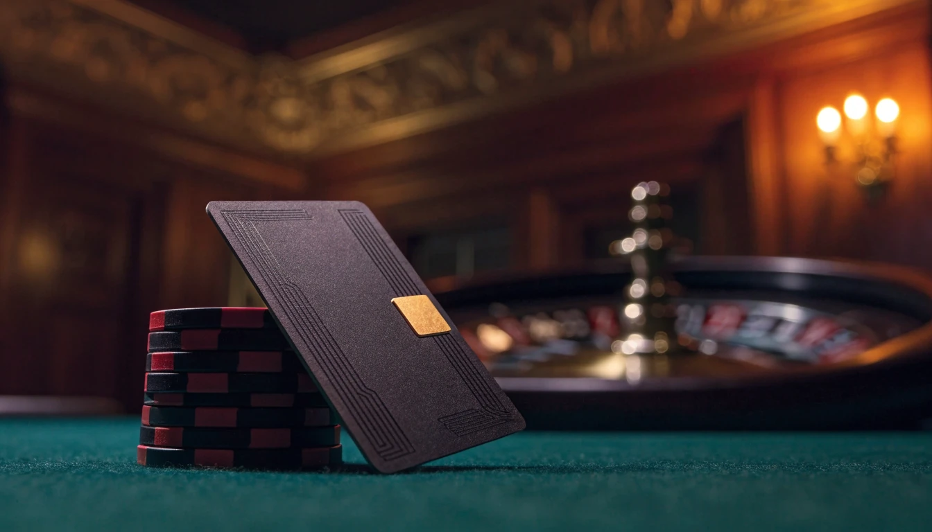 Black debit card on casino felt near chips with roulette wheel in background