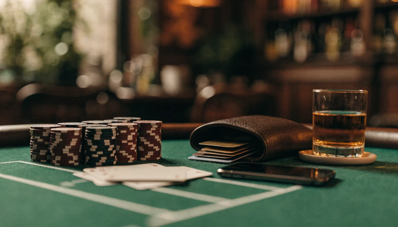Wallet with payment cards and smartphone on a green casino table with stacked chips