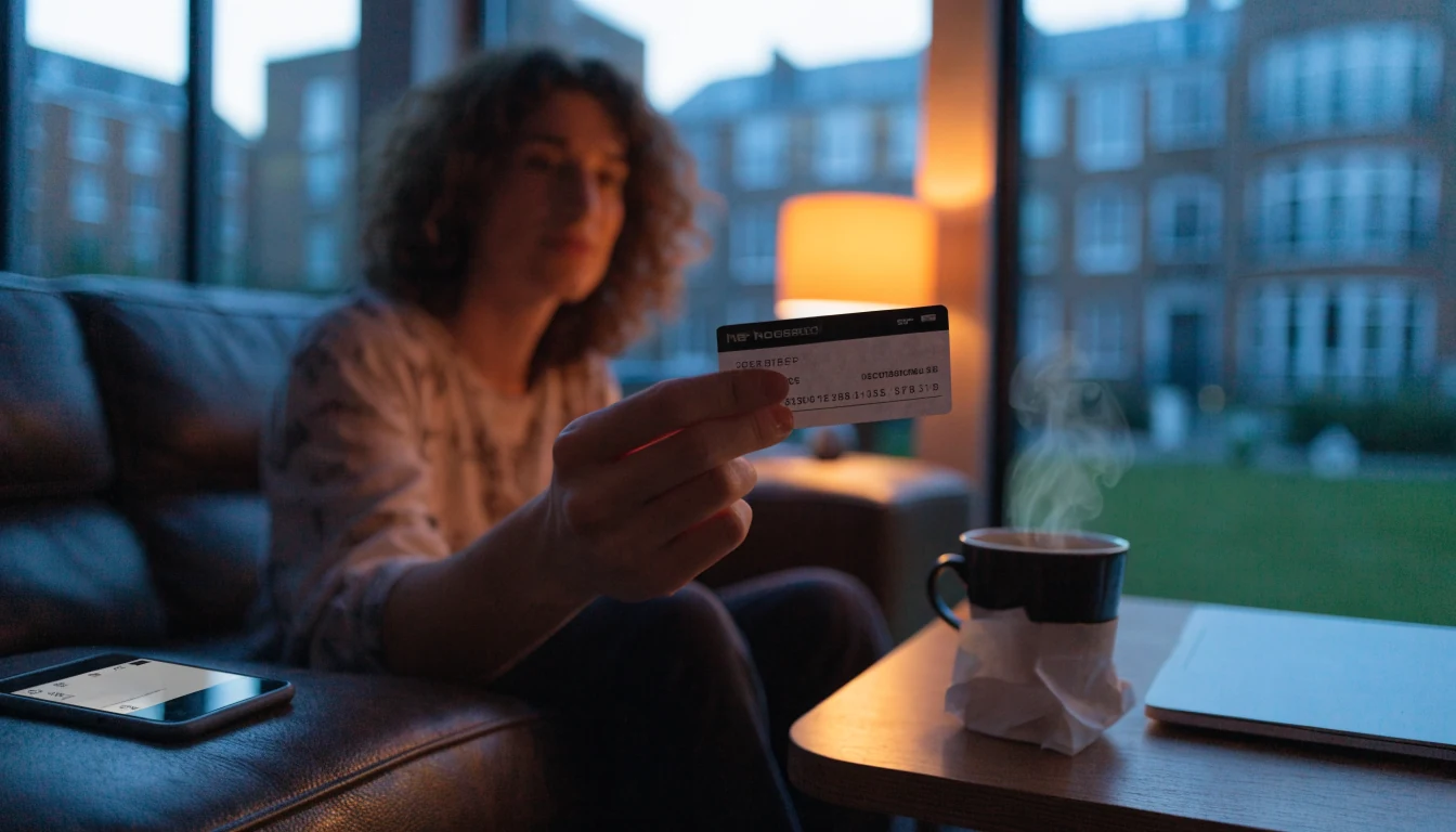 Person holding a prepaid voucher card near a closed laptop in a cozy UK apartment at dusk.