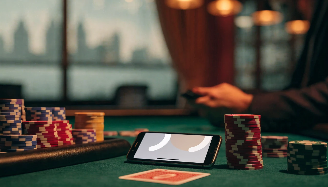 Elegant British casino table with smartphone, chips, and playing cards in warm evening light