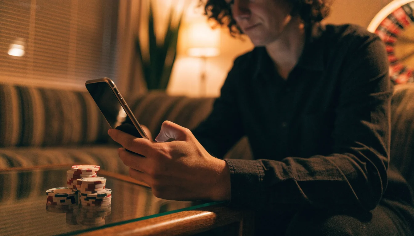 Person using a smartphone to pay at an online casino, chips on table